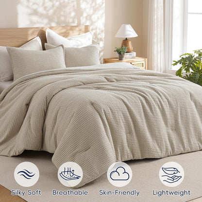 Soft Waffle Comforter Set King Size- Comfy Breathable Waffle Weave Comforter with 2 Pillow Shams, 3 Pieces Less Snagging Lightweight Textured Bedding Set for All Season, Natural/Linen