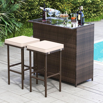 3 Piece Patio Bar Set, Outdoor Rattan Bar Table and 2 Stools with Tempered Glass Tabletop, 2-Tier Storage, Removable Cushions, outside Wicker Conversation Set