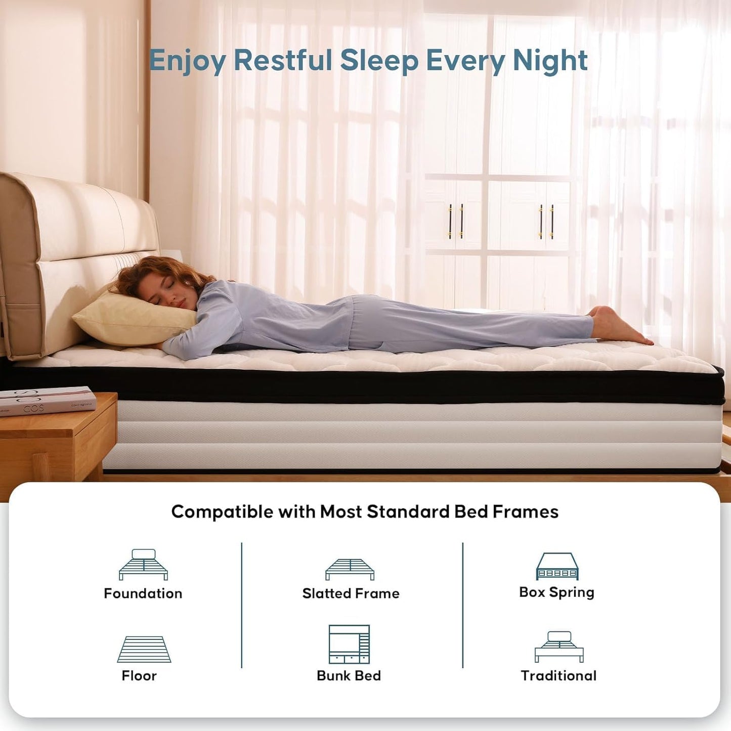 Queen Mattress, 14 Inch Queen Size Mattress in a Box, Upgraded Hybrid Mattresses Pocket Springs, Motion Isolation, Pressure Relief, Medium Firm, Breathable Comfort