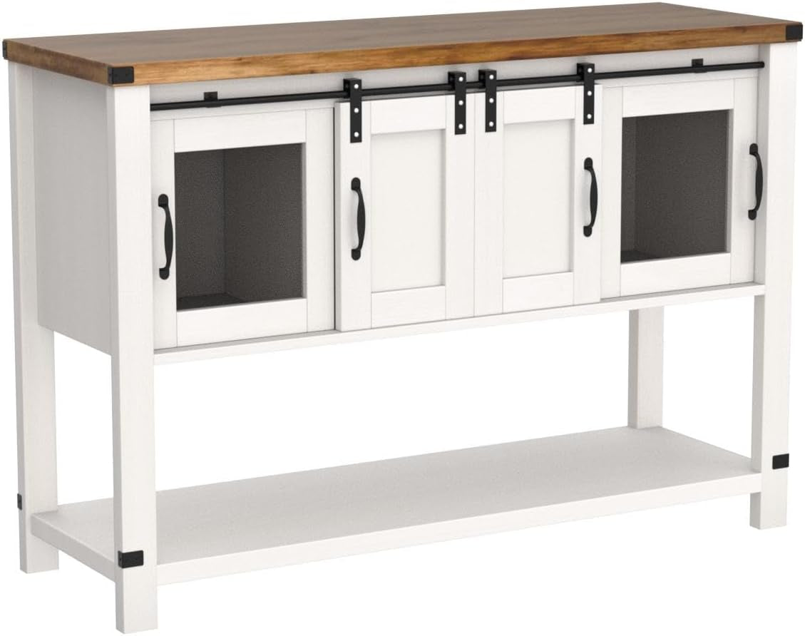 Farmhouse Coffee Bar Cabinet with Storage, 47'' Coffee Bar Table with Sliding Barn Door, White Coffee Buffet Cabinet with Metal Mesh Doors, Console Table with Bottom Open Shelf, Living Room