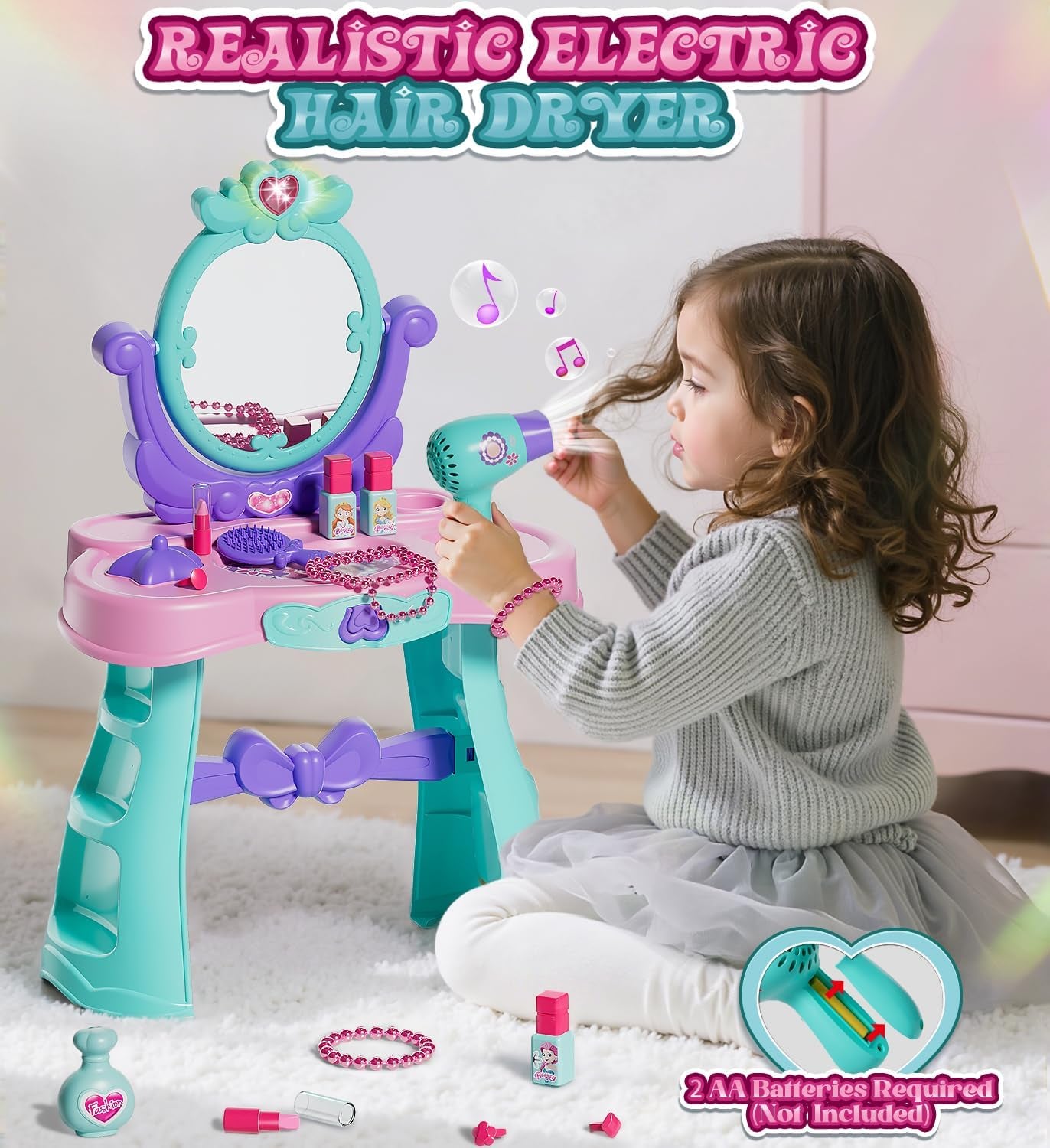 Kids Vanity Table and Chair Set with Mirror Light Music, Toddler Girls Makeup Table with Stool ＆ Hair Dryer, Pretend Play Princess Dress up Vanity Set, Birthday Gifts for 3 Year Old Girl