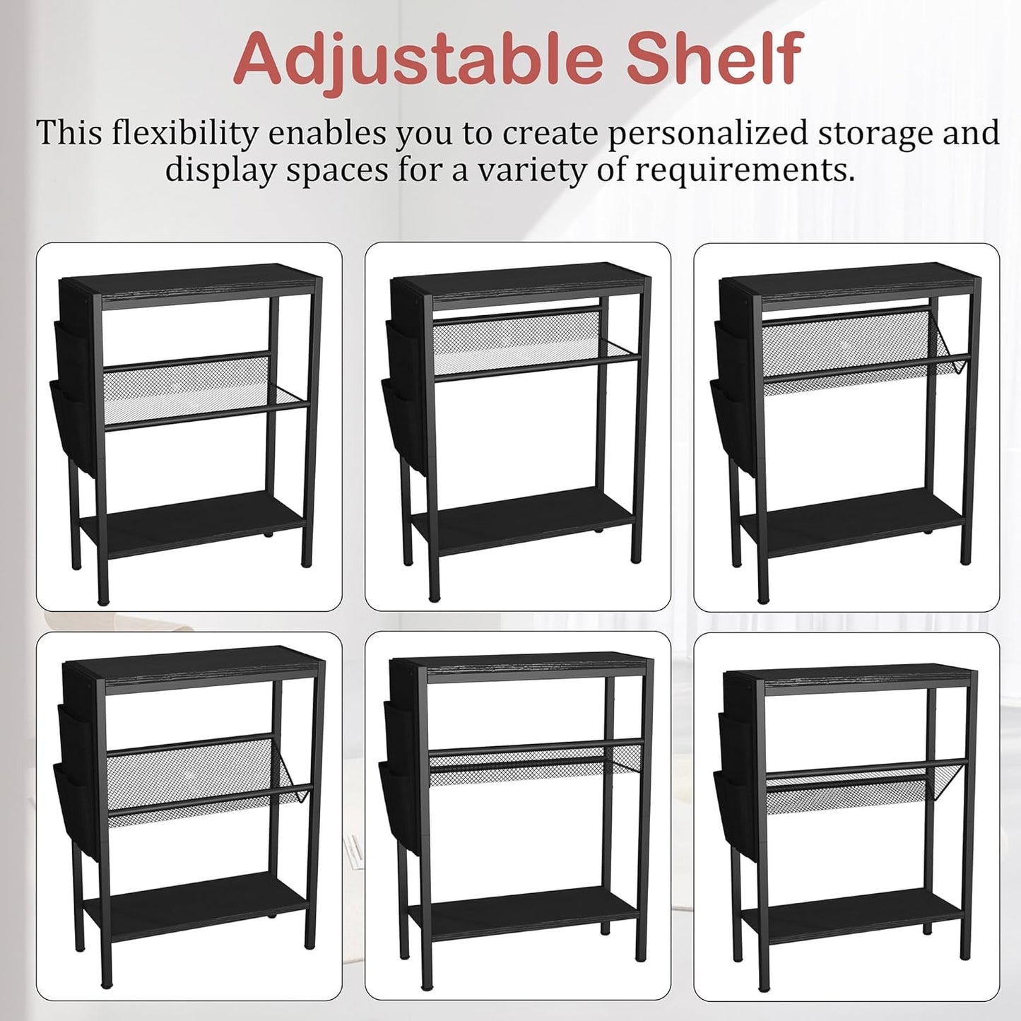 Small Narrow Side Table for Small Spaces, Slim End Table with Storage Bag, Sofa Snack Table with Adjustable Metal Mesh, 3 Tier Accent Skinny beside Table for Living Room & Bedroom, Black Oak