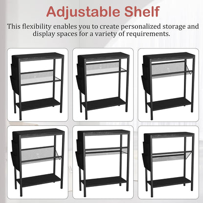 Small Narrow Side Table for Small Spaces, Slim End Table with Storage Bag, Sofa Snack Table with Adjustable Metal Mesh, 3 Tier Accent Skinny beside Table for Living Room & Bedroom, Black Oak