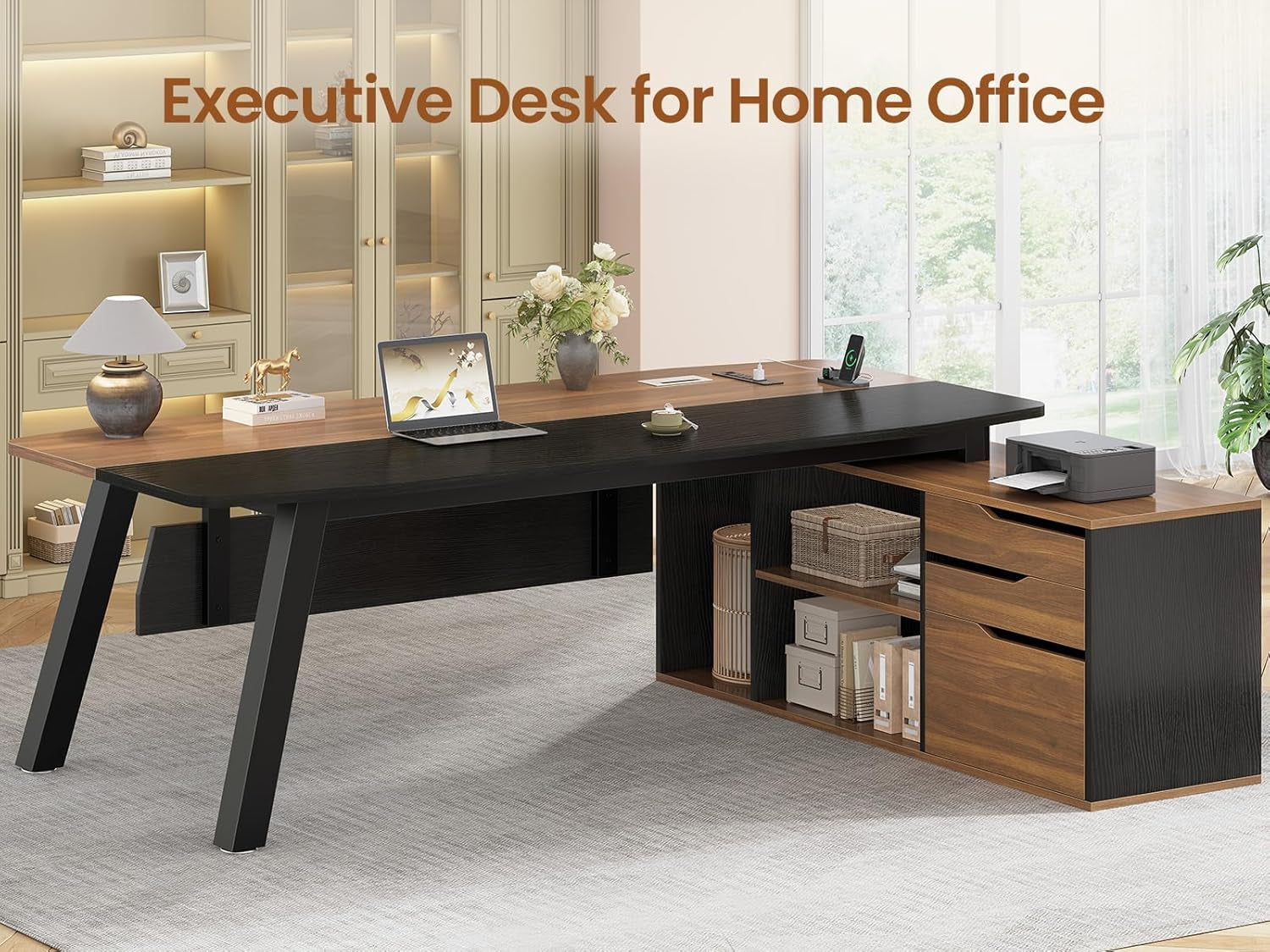 71" Executive Desk with File Cabinet, Large Office Desk with Drawers and Shelves, L Shaped Computer Desk with Power Outlets, Business Furniture Desk Workstation for Home Office, Walnut