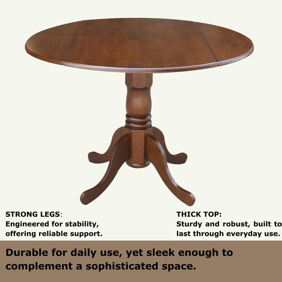 , 42" round Dual Drop Leaf Pedestal Dining Table, Solid Wood, Real Parawood, 42" W X 42" D X 29.5" H, Easy Assembly, Espresso
