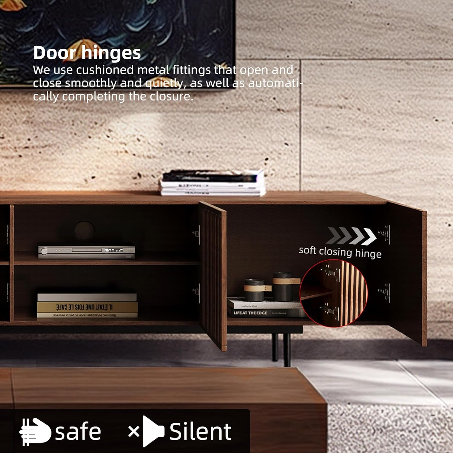 Mid Century Modern TV Stand with 4 Doors, 94.48 Inch Wide Entertainment Center TV Console for Living Room Bedroom, Media Console TV Cabinet with Storage Walnut