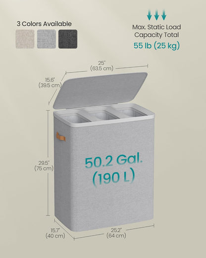 Laundry Basket, 50.2 Gal. Laundry Hamper, 3 Compartments, Easy Assembly, with Lid and Handles, Removable Liners, 25.2 X 15.7 X 29.5 Inches, Dove Gray ULCB814GD01