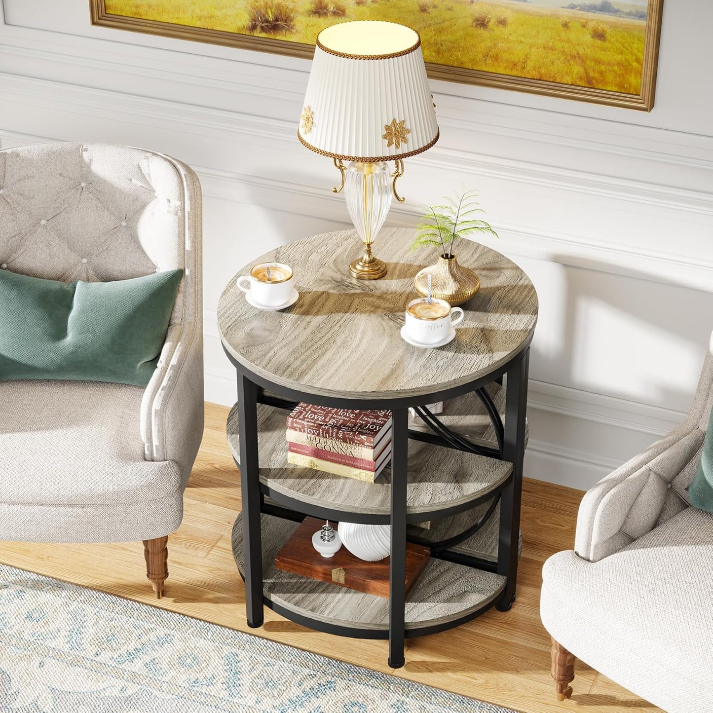 Half round End Table for Living Room Set of 2, 3-Tier Half Side Table with Metal Frame, Industrial Half Moon Table with Storage Shelves for Entryway, Bedroom, Grey