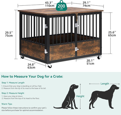 43" Dog Crate Furniture with Wheels, Wooden Side End Table, Double-Doors Dog Kennel Indoor for Small/Medium/Large Dogs, Escape Proof Dog House Dog Cage, Rustic Brown