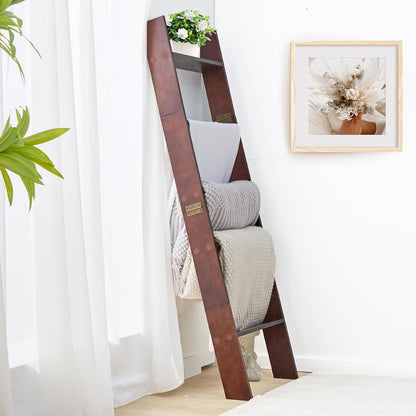 5-Tier Blanket Ladder for the Living Room, 4.8 FT Anti-Slip Decorative Ladder Shelf Leaning Quilt Rack, Lightweight, Easy Assemble, Wooden Blanket Rack (Brown)
