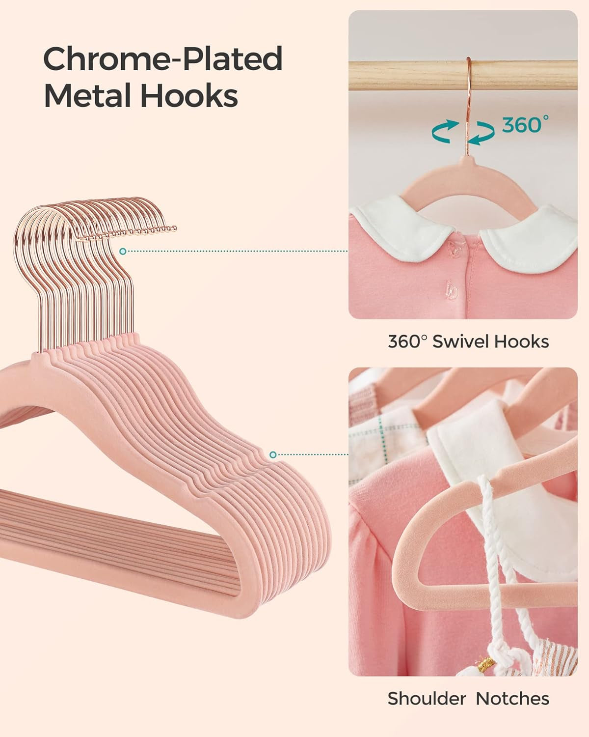 Baby Kids Hangers 50 Pack for Closet, 11.8 X 8.1 Inches, Rose Gold 360° Swivel Hooks, Space-Saving Clothes Velvet Hangers for Nursery, Non-Slip, Jelly Pink UCRF027P01