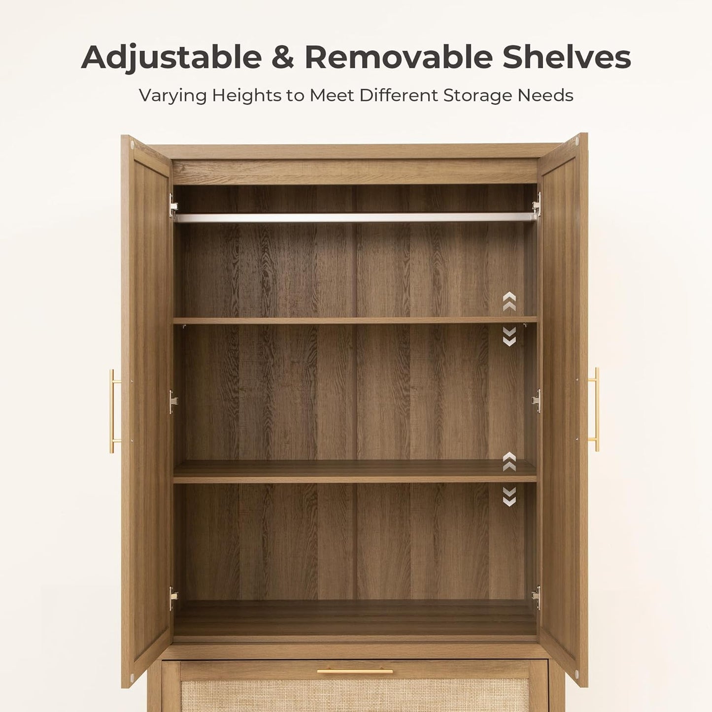 Rattan Armoire Wardrobe Closet Cabinet, 71" Tall Wardrobe Storage Cabinet with 2 Drawers and Hanging Rod, Boho Large-Capacity Deep Armoire Clothes Organizer for Bedroom, Cloak Room, Oak