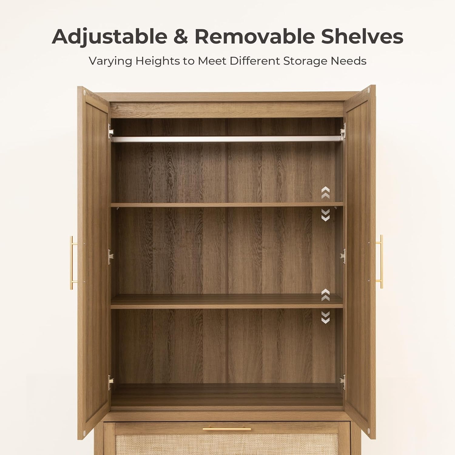 Rattan Armoire Wardrobe Closet Cabinet, 71" Tall Wardrobe Storage Cabinet with 2 Drawers and Hanging Rod, Boho Large-Capacity Deep Armoire Clothes Organizer for Bedroom, Cloak Room, Oak