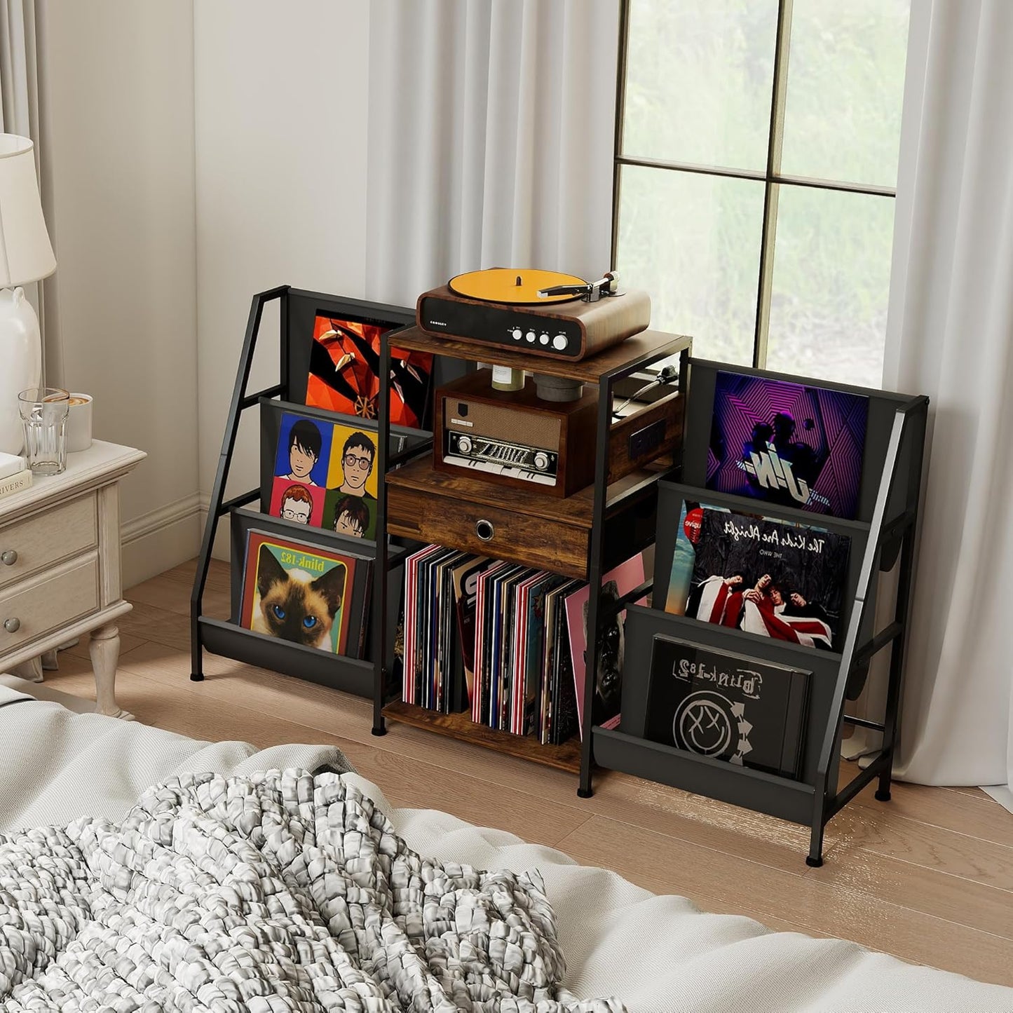 Record Player Stand, Turntable Stand W/Drawer, Oxford Cloth Vinyl Storage, 8 Adjustable Foot Pads for Stability, Record Player Table End Table for Living Room Bedroom Stereo