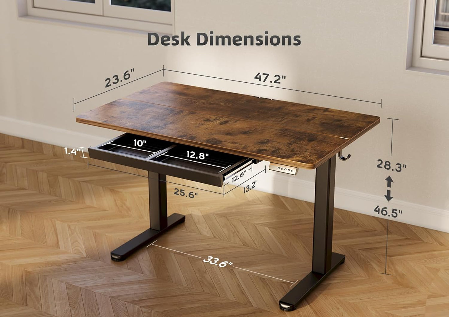 Standing Desk with Drawers, Electric Adjustable Height 48 X 24 Inch Stand up Desks for Home Office, Rustic Brown