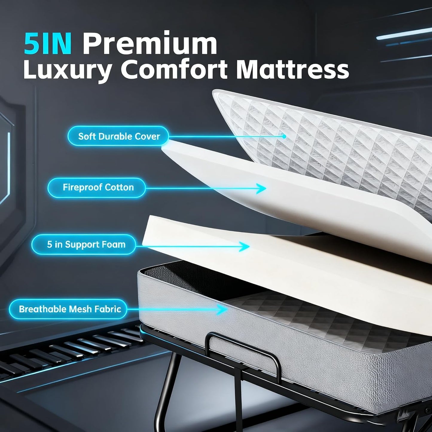 Folding Bed with Mattress, Twin Foldable Bed, Roll Away Beds for Adults, 75" X 31" Roll Away Portable Beds with 5" Mattress, Folded Frame for Small Apartment, Guest Room