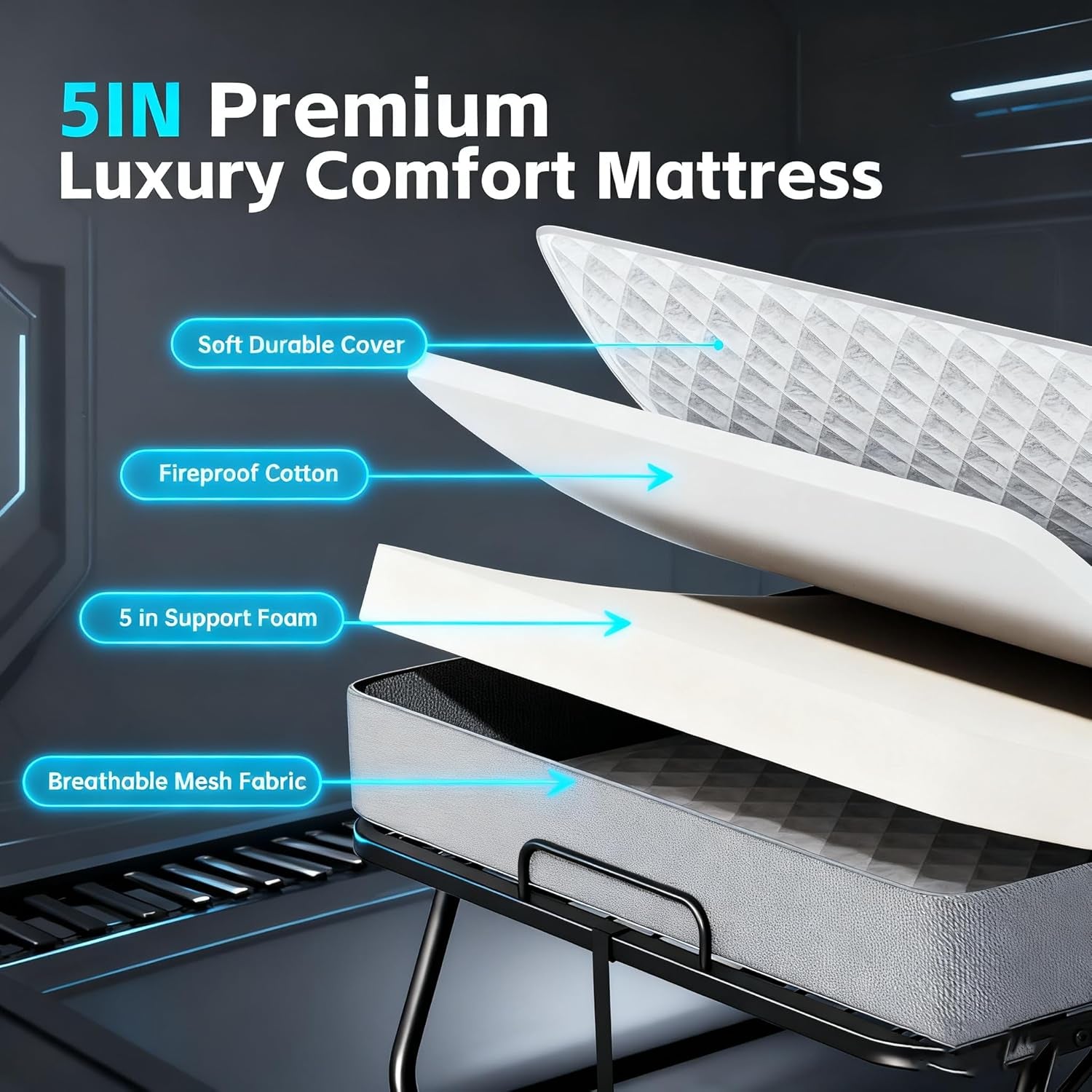 Folding Bed with Mattress, Twin Foldable Bed, Roll Away Beds for Adults, 75" X 31" Roll Away Portable Beds with 5" Mattress, Folded Frame for Small Apartment, Guest Room