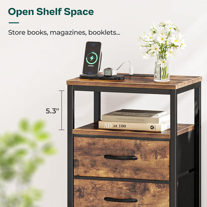 Nightstand with Charging Station, 27.6 Inch Bedside Table with Fabric Drawers, End Table with USB Ports and Outlets, Night Stand for Bedroom, Rustic Brown