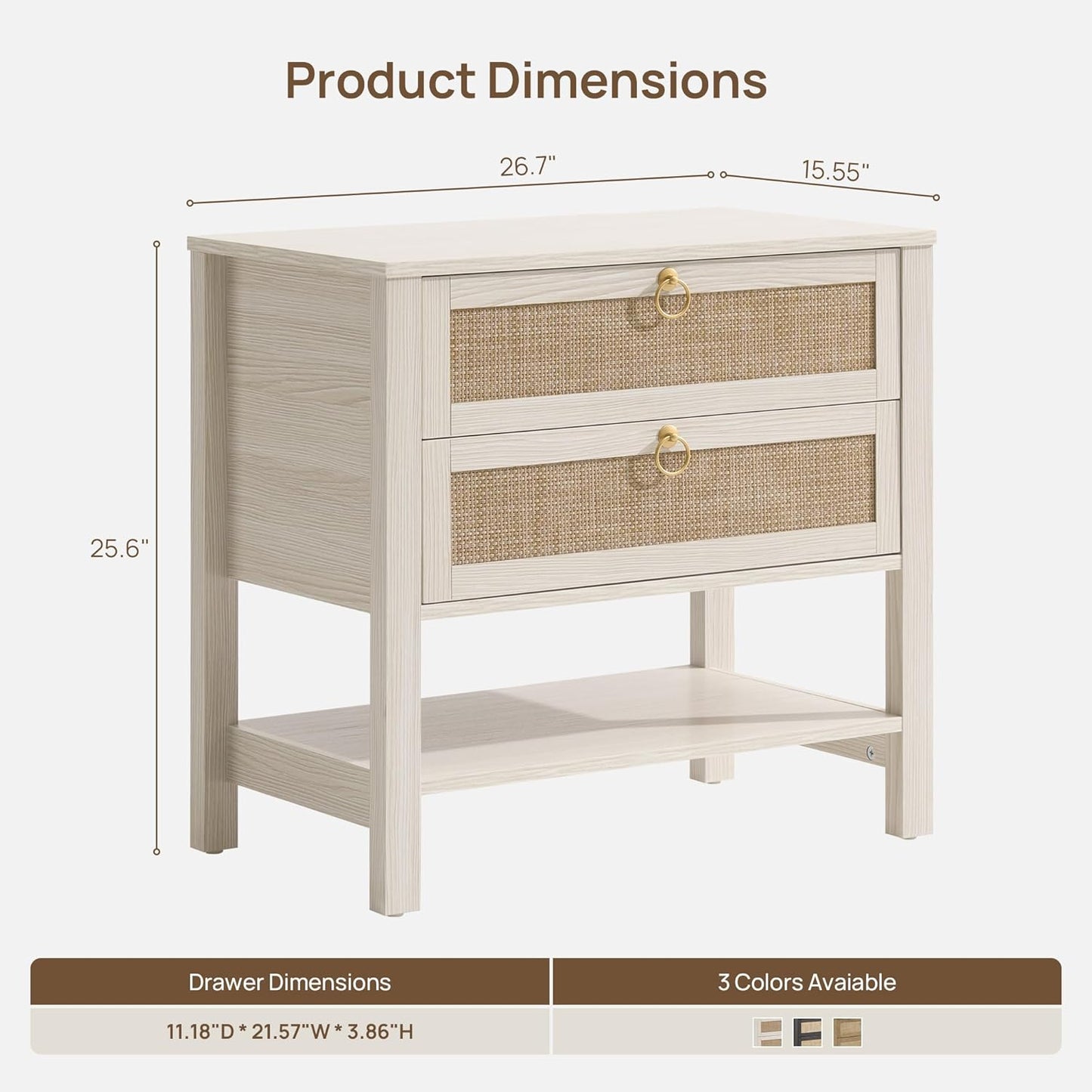 Boho Rattan Nightstand Set of 2, 26.7" Extra Wide Bedside Table with 2 Drawers & Open Shelf, White Oak Large Side Table for King Size Bed, Modern Coastal End Table for Master Bedroom