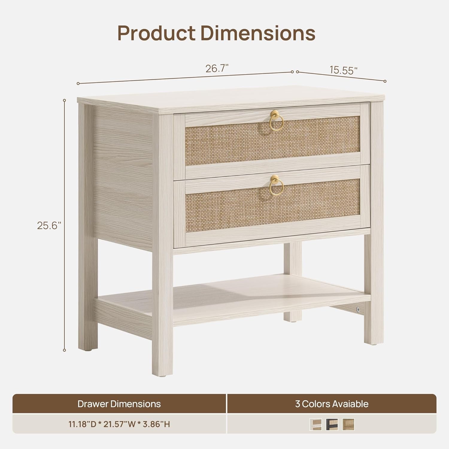 Boho Rattan Nightstand Set of 2, 26.7" Extra Wide Bedside Table with 2 Drawers & Open Shelf, White Oak Large Side Table for King Size Bed, Modern Coastal End Table for Master Bedroom