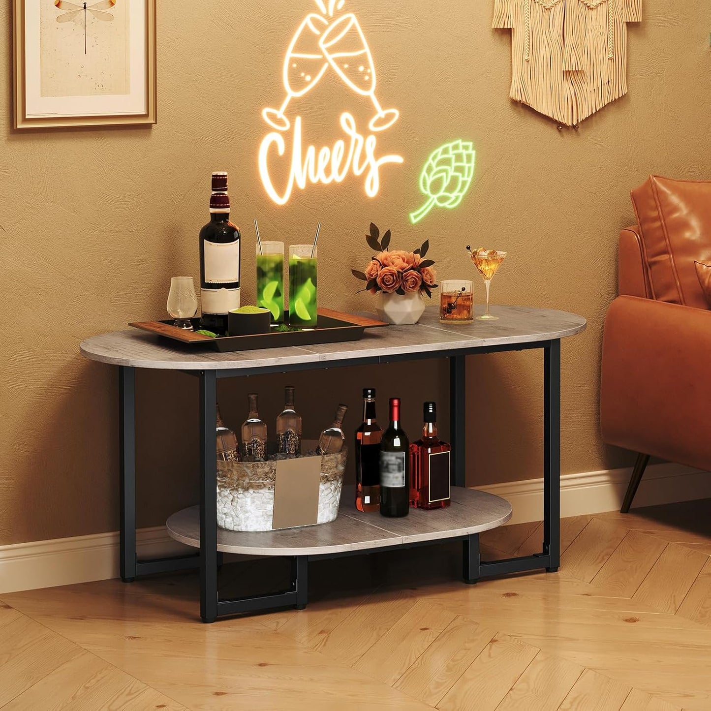 Coffee Table for Living Room, Oval Small Coffee Table with 2-Tier Open Storage Shelf, Industrial Cocktail Tea Table, Wooden Desktop Center Table, Farmhouse, Home Office, Greige BG09KF01