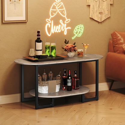 Coffee Table for Living Room, Oval Small Coffee Table with 2-Tier Open Storage Shelf, Industrial Cocktail Tea Table, Wooden Desktop Center Table, Farmhouse, Home Office, Greige BG09KF01