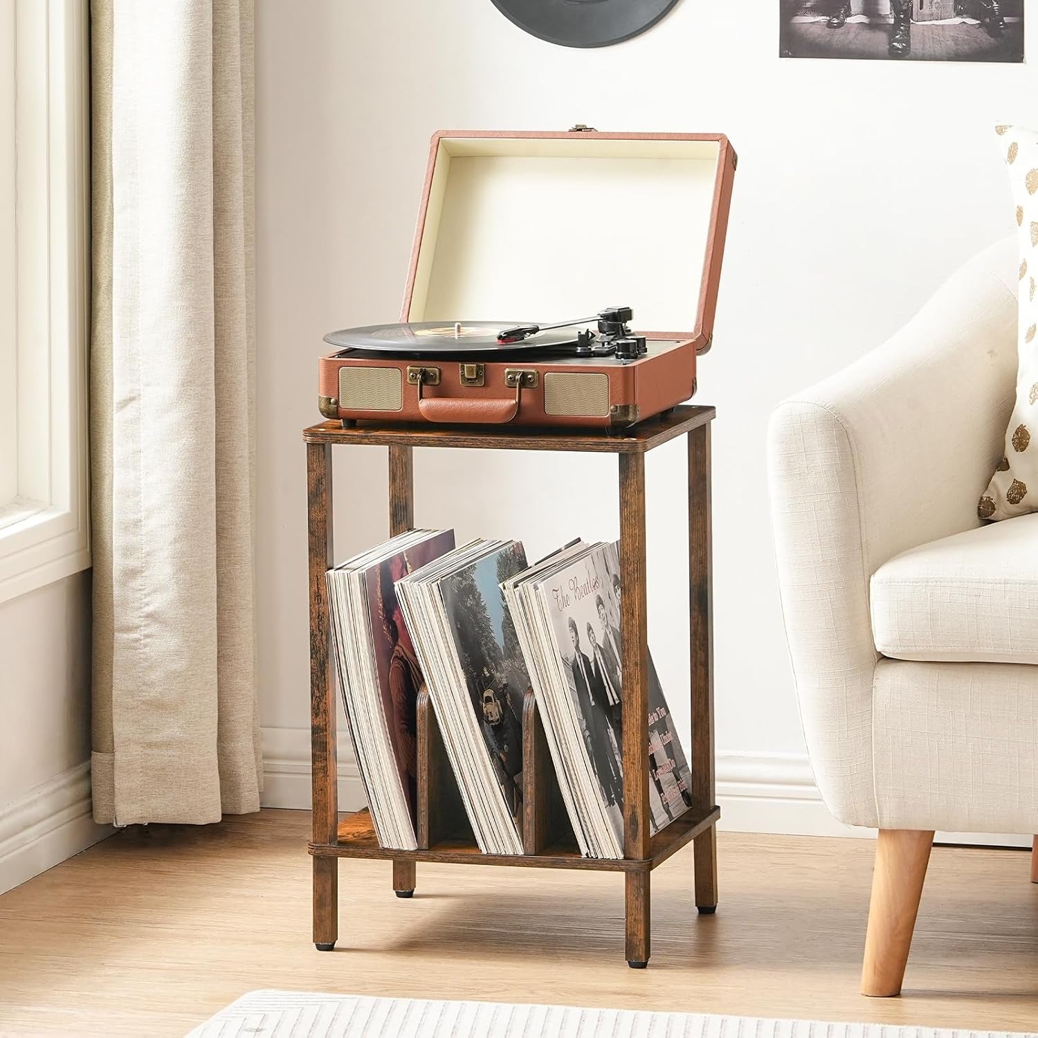 Record Player Stand, 2-Tier End Table, Vinyl Record Turntable Stand with Storage up to 100 Albums, Small Side Table for Living Room, Bedroom, Rustic Brown, FG05RS01