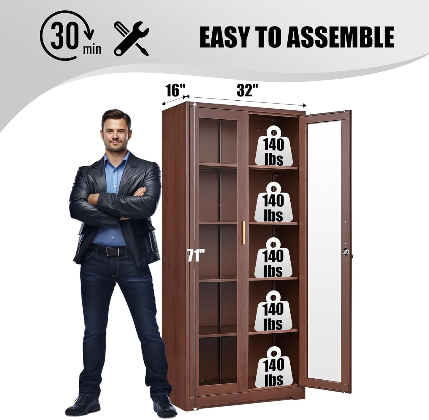 71" Display Cabinet, Metal Kitchen Storage Cabinet, Curio Display Case with Glass Doors and 4 Adjustable Shelves, Locking Cabinets for Kitchen, Hallway, Living Room, Wood Color -Assembly Required