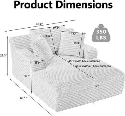 67" Chaise Lounge Indoor, Oversized Chaise Lounge Chair with 3 Comfy Pillows for Living Room Bedroom, Wide Arms Corduroy Fabric High-Density Foam No Assembly Required (Grey)