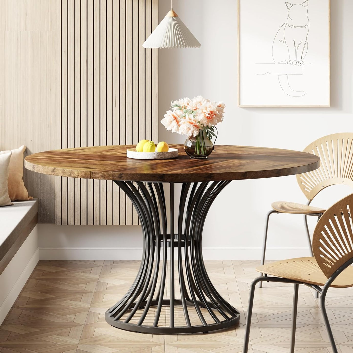 round Dining Table for 4-6 People, 47-Inch Farmhouse Dinning Room Circle Kitchen Table, Industrial Dinner Table with Metal Base for Kitchen, Living Room, Black and Brown