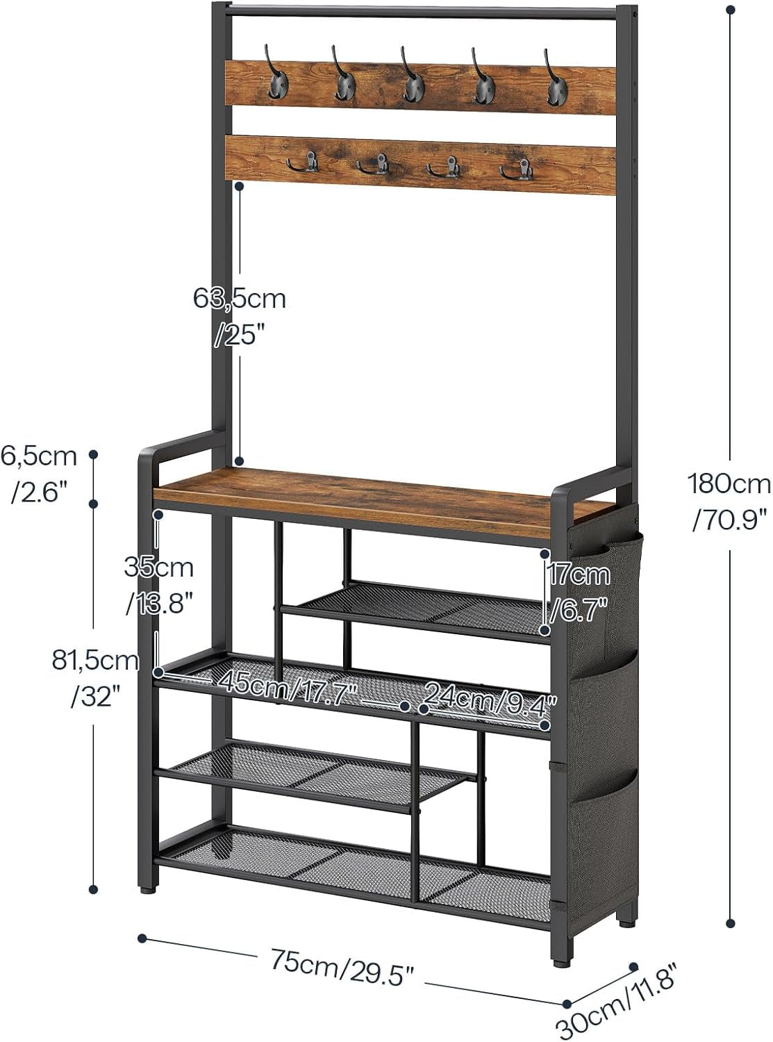 Hall Tree with Bench, Shoe Rack with Coat Rack, Coat Rack with Shoe Storage, 5 Tier Shoe Storage Organizer with Oxford Fabric Side Pockets, Coat and Shoe Rack Entryway, Rustic Brown BF45MT01