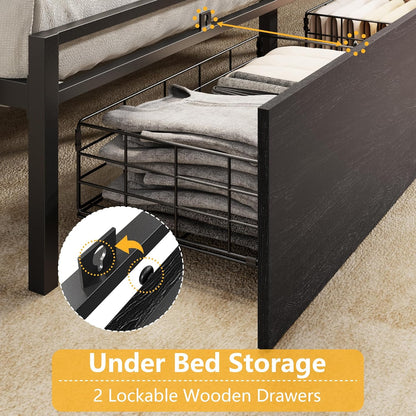 Full Size Bed Frame with Wood Headboard, Metal Platform Bed Frame Full Size with 2 Storage Drawers and Shelf, LED Lights and Charging Station, No Box Spring Needed, Noise Free, Black