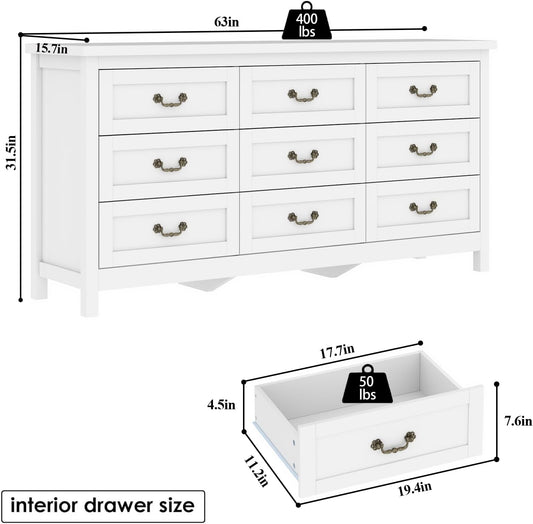 Upgraded 9-Drawer Dresser for Bedroom, 63" Wide Dresser TV Stand for Tvs up to 75", Farmhouse Long Storage Wooden Dressers Organizer, Large Chest of Drawers with Vintage Pull for Closet, White