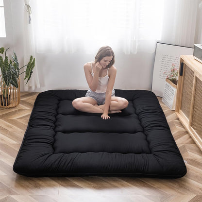 Japanese Floor Mattress Futon Mattress, 4" Thicken Tatami Mat Sleeping Pad Foldable Roll up Mat Boys Girls Dormitory Pad Kids Floor Lounger Pillow Bed, Black, Full