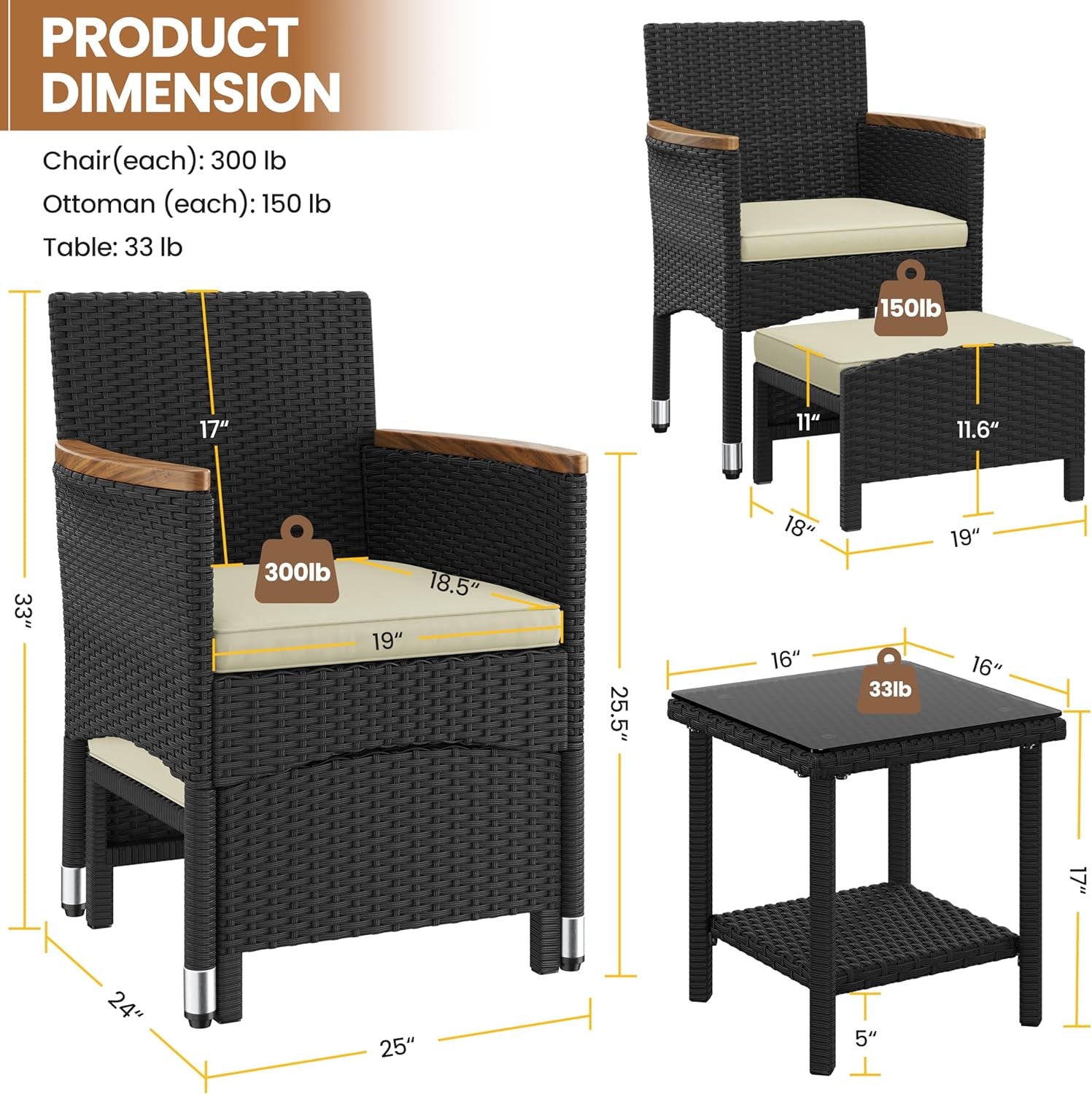 5 Piece Patio Conversation Set, Outdoor Wicker Bistro Furniture, PE Wicker Outdoor Rattan Chairs Set with Coffee Table for Porch, Poolside, Lawn, Garden, Balcony