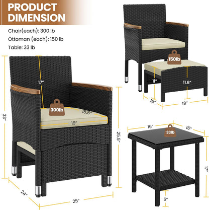 5 Piece Patio Conversation Set, Outdoor Wicker Bistro Furniture, PE Wicker Outdoor Rattan Chairs Set with Coffee Table for Porch, Poolside, Lawn, Garden, Balcony