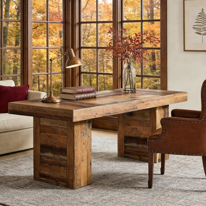 63" Large Executive Desk, Farmhouse Computer Office Desk Wooden Writing Table Rustic Rectangle Business Workspace Table for Home Office, Distressd Brown