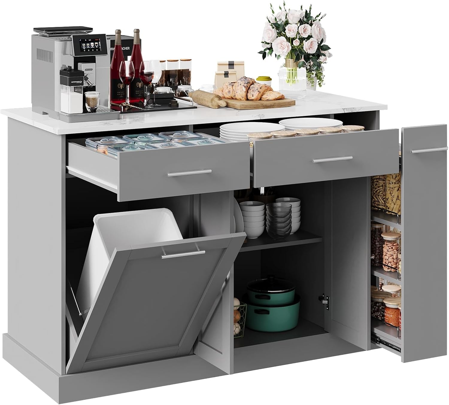 Kitchen Island on Wheels with Trash Can Storage, Rolling Kitchen Island Cart with Marble Countertop, Portable Island Table for Kitchen, Gray