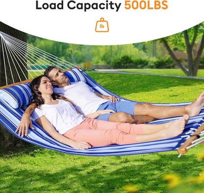Double Hammock with Spreader Bar,Soft Pillow,Max Load 500Lbs,Portable Hammock for Outdoor,Camping,And Backyard,Blue