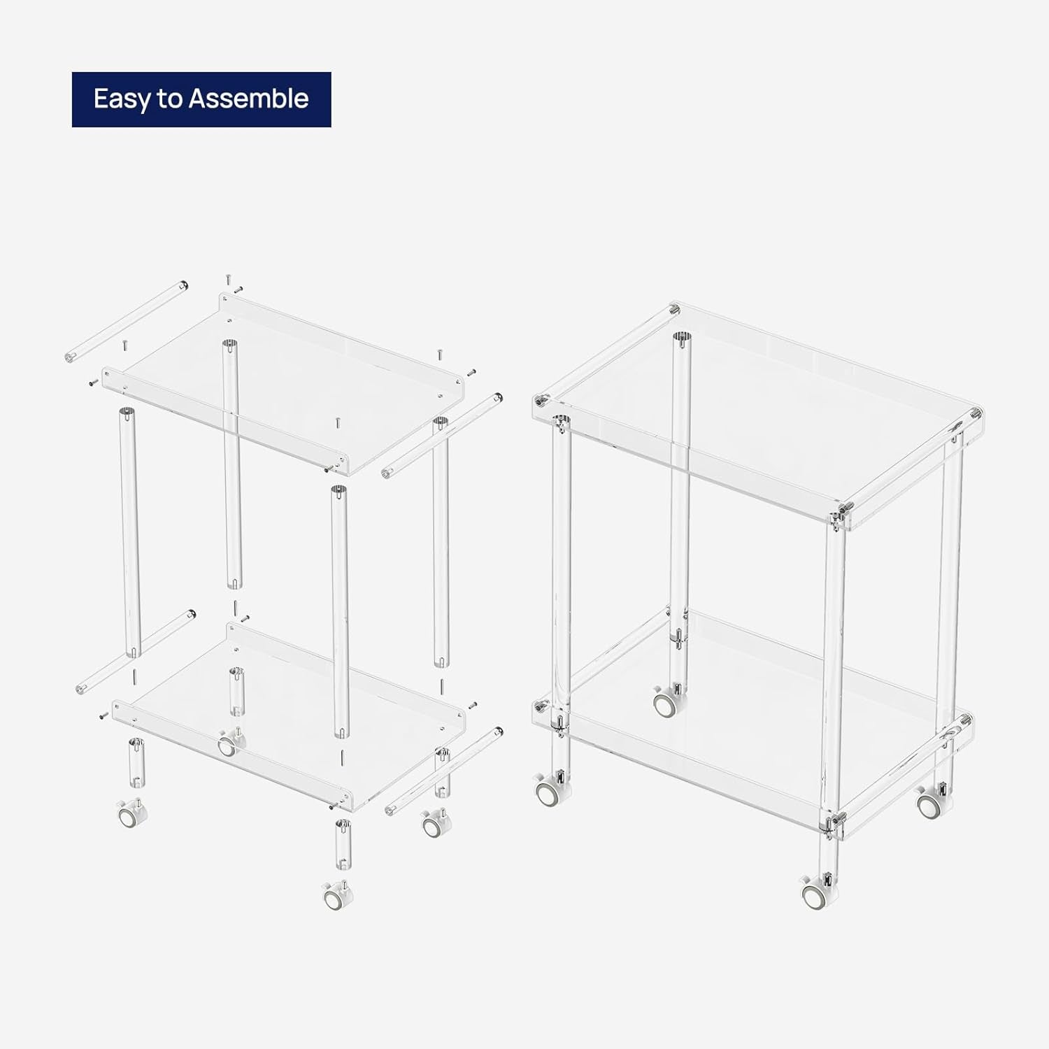 Acrylic Bar Cart, Rolling Serving Cart with 4 Lockable Wheels for the Home Bar, Kitchen, Living Room, Modern, 2-Tier, 23.6" L X 15" W X 30" H, Clear