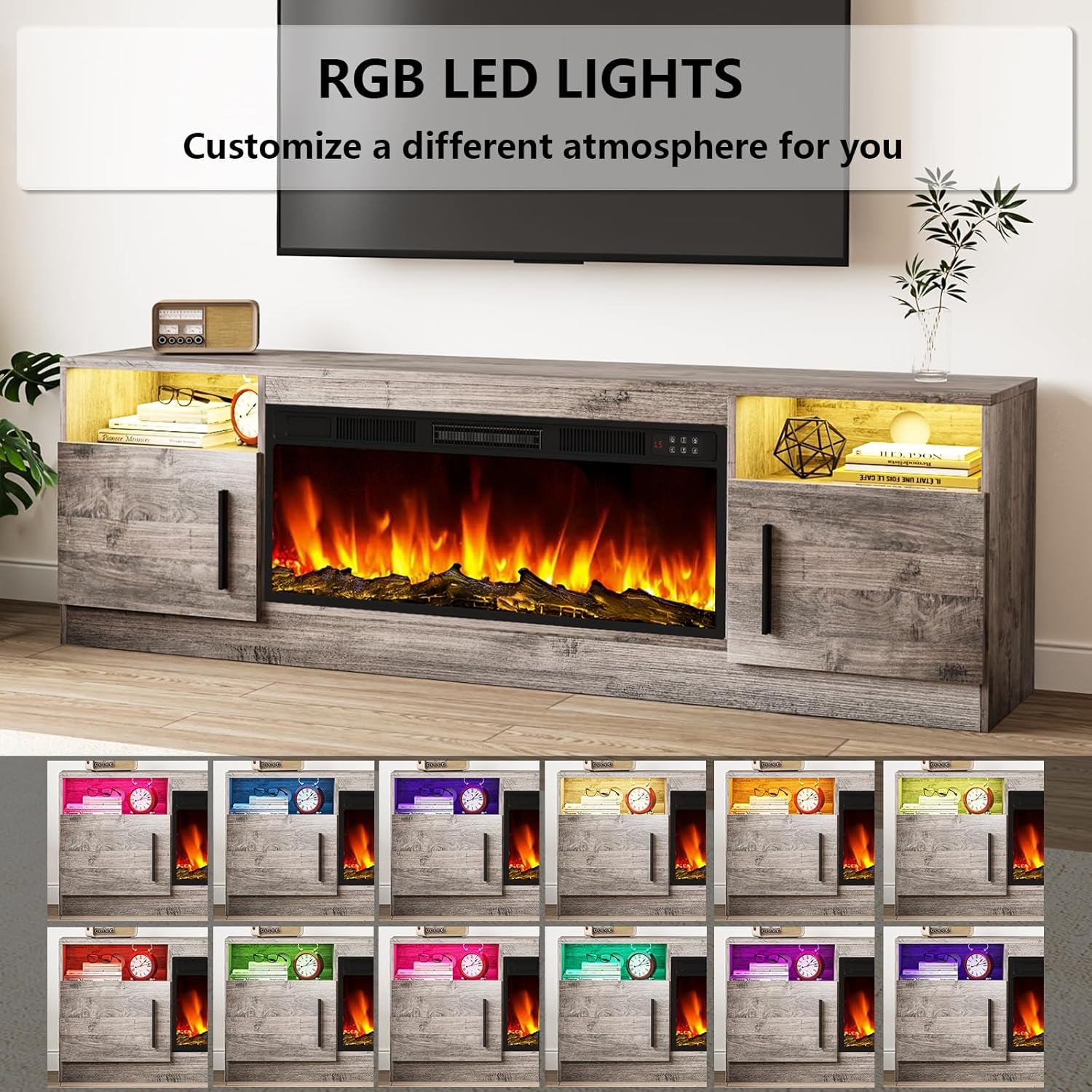 Fireplace TV Stand Entertainment Center with 36" Fireplace, 70" Wooden TV Stand for Tvs up to 80", Modern TV Consoles for Living Room with High Gloss Storage Cabinet and LED Lights (Grey)