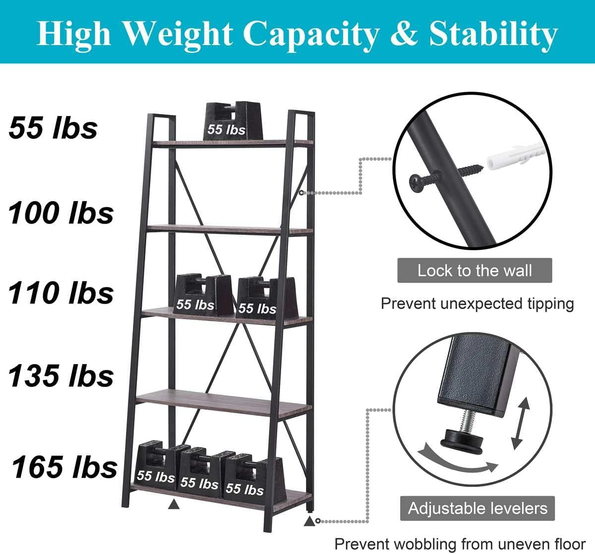 5-Tier Ladder Shelf, Industrial Leaning Bookcase, Wood and Metal Ladder Bookshelf for Living Room, Bedroom, Kitchen, Home Office (Grey Oak)