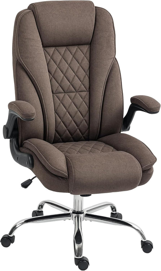 High Back Office Chair, Executive Desk Chair with Swivel Wheels, Flip-Up Armrest, Adjustable Height, Modern Diamond Fabric Computer Chair for Home Office, Dark Brown