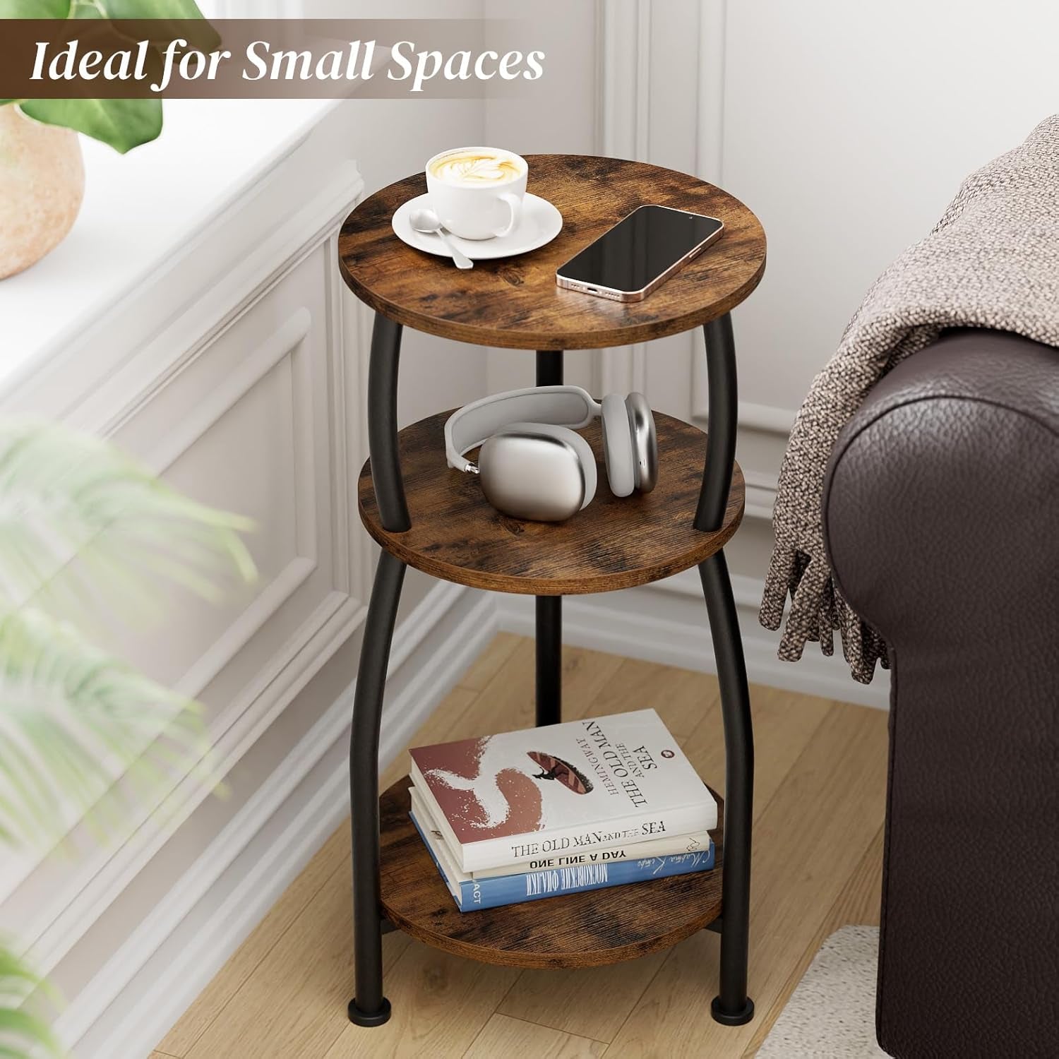 Small round Side Table, 3-Tier End Table with Storage Shelf, Slim Sofa Table Coffee Table, Sturdy & Easy Assemble Nightstand for Small Spaces, Living Room Bedroom Corner, Rustic Brown