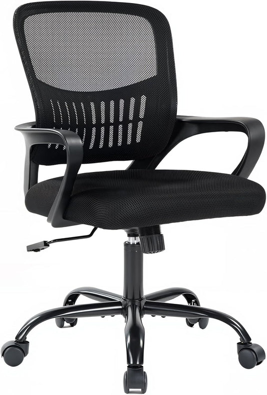 Home Office Computer Chair - Ergonomic Mid Back Desk with Lumbar Support and Rocking Mode, Height Adjustable with Fixed Armrest, for Conference Meeting Room, 360° Swivel, Adults, Black