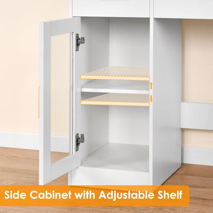 49.2" Large Vanity Desk with Mirror and Lights,White Makeup Vanity Table with Glass Top,Stool,Makeup Desk with Power Outlet,5 Drawers,Nightstand,Dressing Table for Bedroom Women FST34W