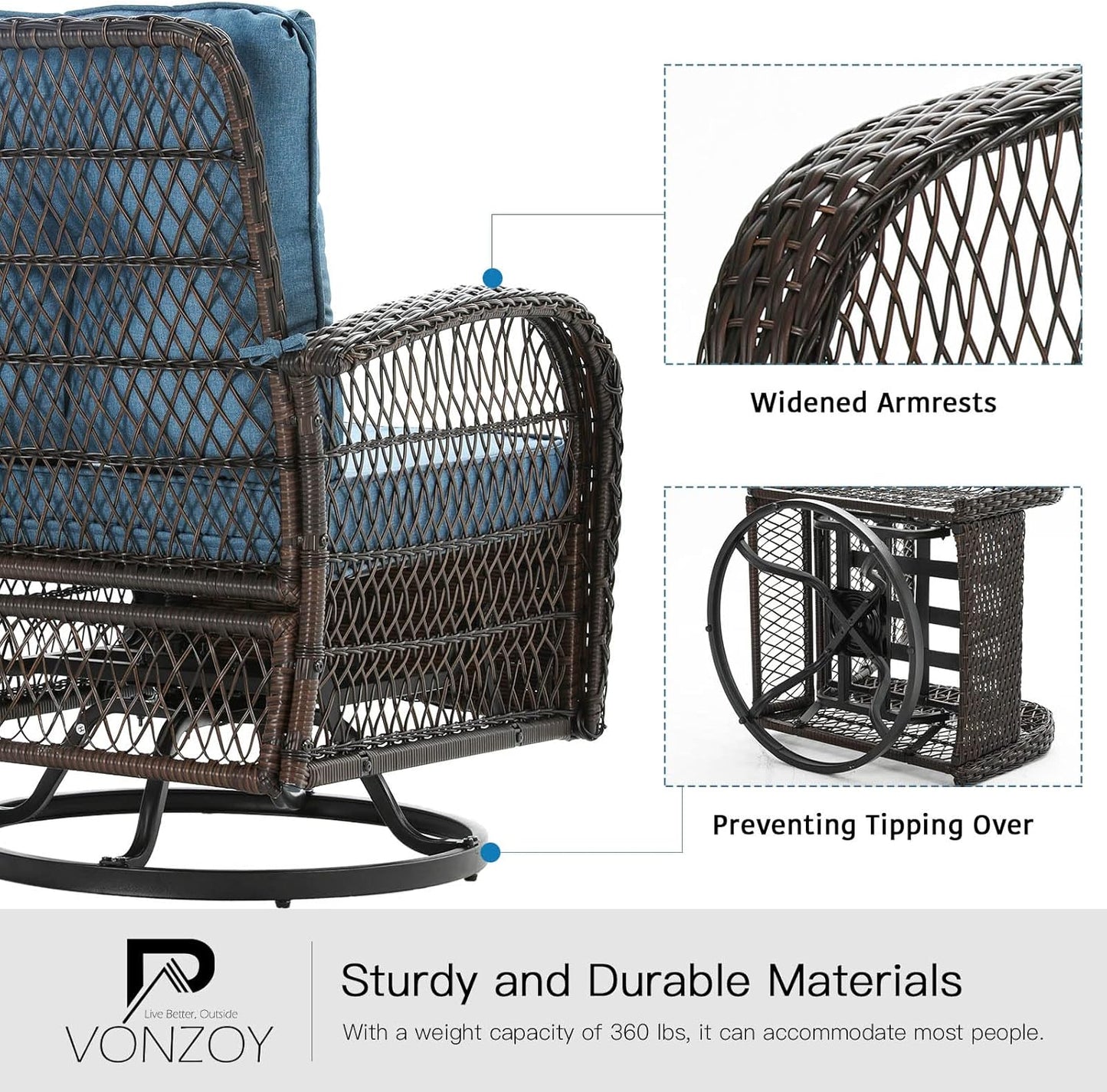 3 Pieces Patio Furniture Set, Outdoor Swivel Glider Rocker, Wicker Patio Bistro Set with Rocking Chair, Thickened Cushions and Table for Porch (Blue)
