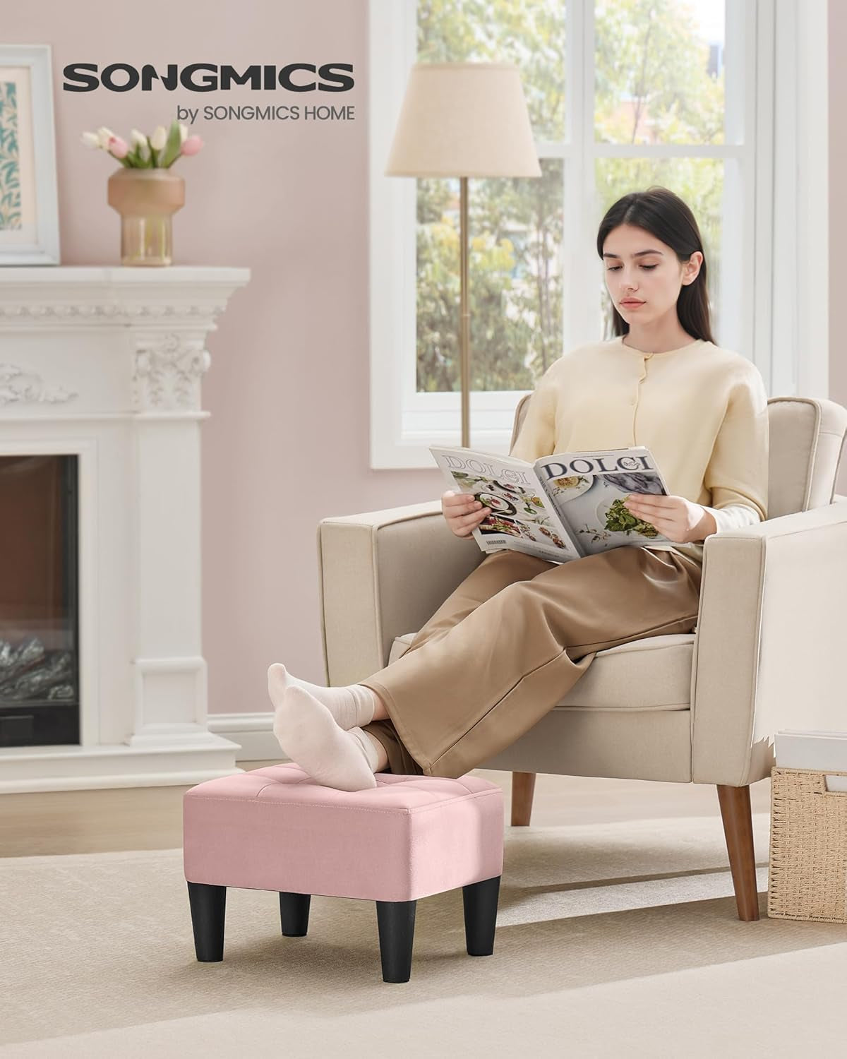 Foot Stool with Legs, Small Footstool Ottoman, Velvet Seat with Thick Cushion, for Living Room, Bedroom, Entryway, 330 Lb Weight Capacity, Jelly Pink ULOM501R01
