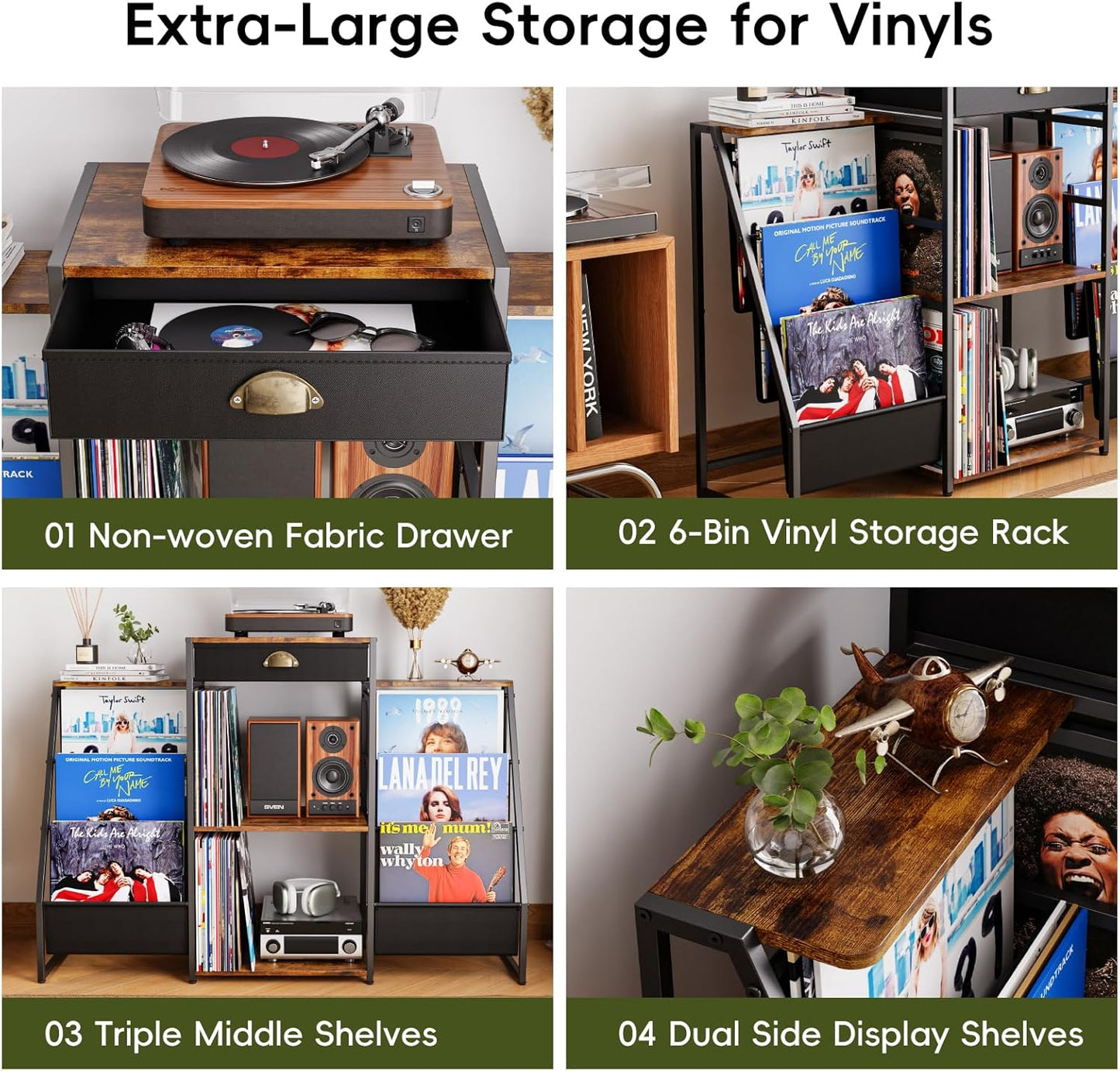 Record Player Stand with Vinyl Storage – Record Table with Holder,6-Bin Vinyl Storage Rack & Drawer, Dual Side Display Shelves,Holds 200+ Albums,Turntable Stand for Living Room,Bedroom (Brown)