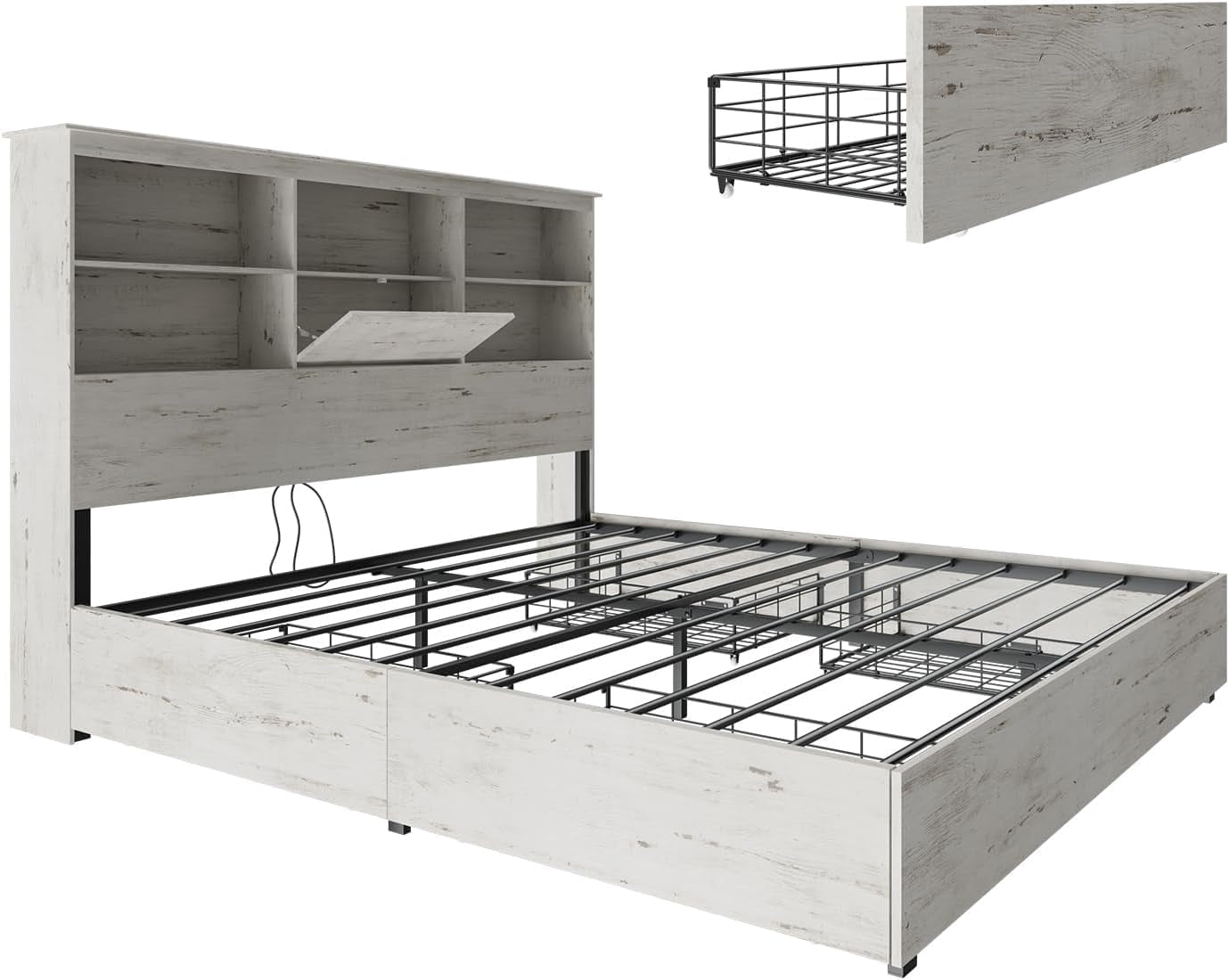 Farmhouse King Size Bed Frame Wooden Platform Bed with 51.2" Storage LED Bookcase Headboard, 4 Storage Drawers & Charging Station/No Box Spring Needed/Noise Free/Distressed White
